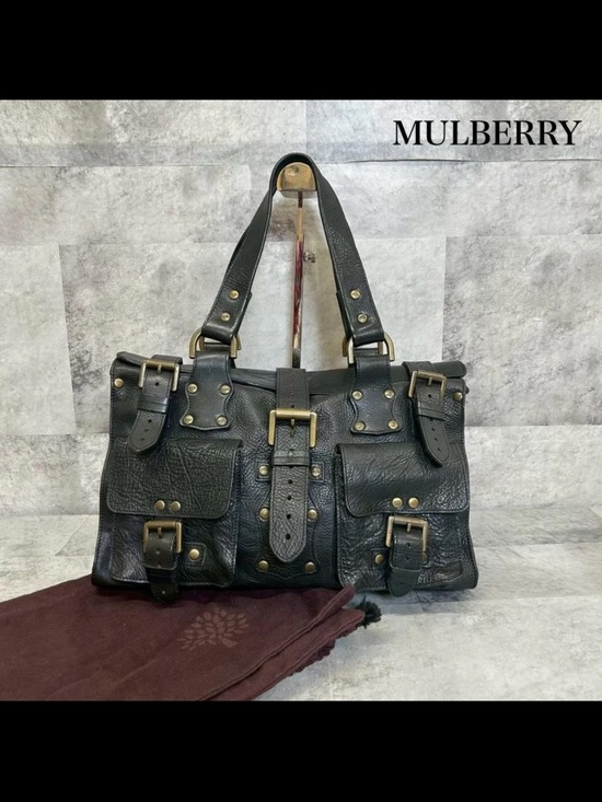 Mulberry Handbags - Mulberry Black Pebbled Leather Buckle Satchel with Brass Hardware